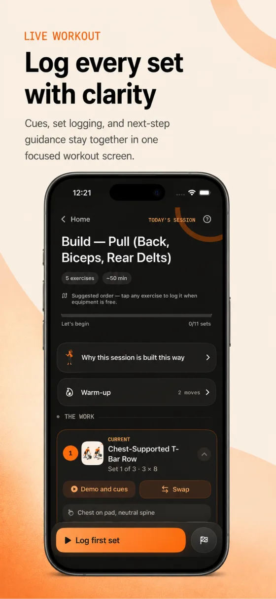 Movviva guided workout and set logging screen