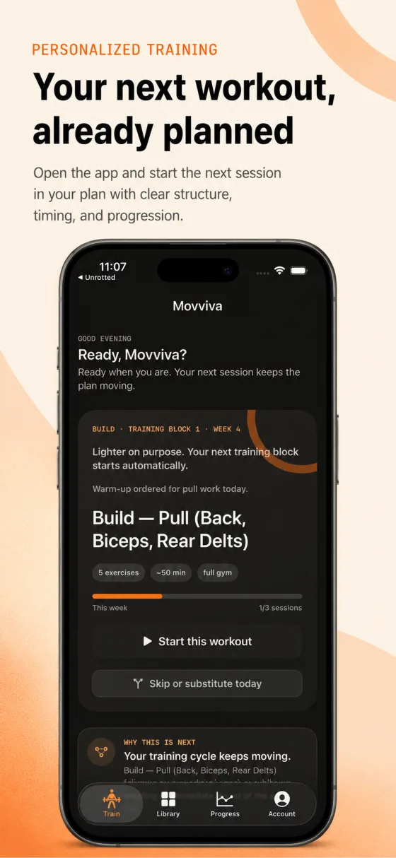 Movviva personalized training dashboard on iPhone